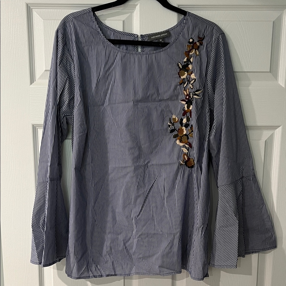 Elegant Blue Striped Blouse with Floral Embroidery